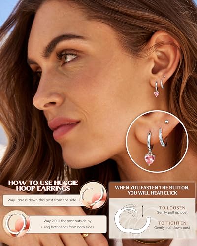 FIBO STEEL 14K Gold Plated Hoop Earrings with Charms for Women Huggie Hoops | Hypoallergenic 925 Sterling Silver Post Dangle Earrings Small Silver Gold Hoops Earring Cubic Zirconia Dangle Drop Jewelry - color: Pink Heart - Silver Plated