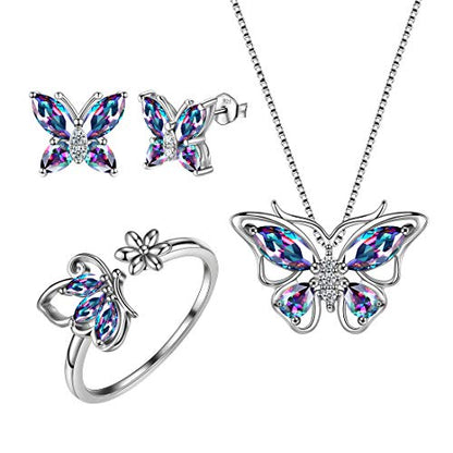 Aurora Tears Butterfly Jewelry,Women 925 Sterling Silver Butterflies Birthstone Pendant Necklace/Earrings/Rings Wedding Gift - color: M.Mysitc-set 2
