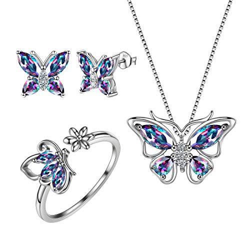 Aurora Tears Butterfly Jewelry,Women 925 Sterling Silver Butterflies Birthstone Pendant Necklace/Earrings/Rings Wedding Gift - color: M.Mysitc-set 2