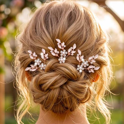 Heread Leaf Bride Wedding Hair Pins Crystal Bridal Head Dress Pearl Hair Accessories for Women and Girls (Pack of 3) (A Rose Gold) | Silver and Gold and Rose Gold Leaf Bridal Hair Clip Silver Rhinestone Pieces for Brides - color: A Rose Gold