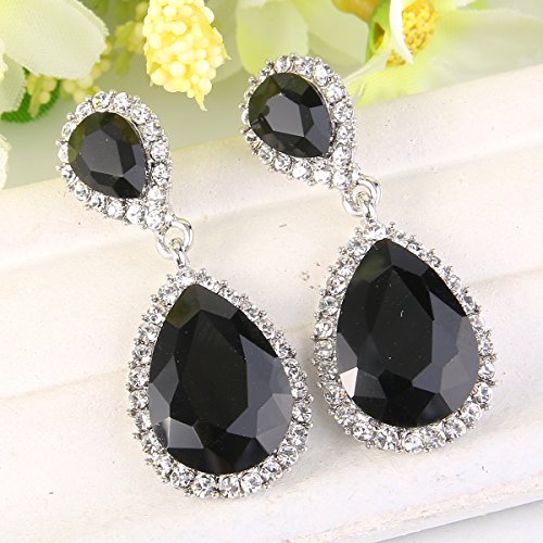 EVER FAITH Women's Austrian Crystal Wedding Tear Drop Dangle Earrings | Bridal Prom Jewelry for Bride Bridesmaid - color: Black Silver-Plated-Base