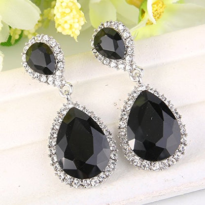 EVER FAITH Women's Austrian Crystal Wedding Tear Drop Dangle Earrings | Bridal Prom Jewelry for Bride Bridesmaid - color: Black Silver-Plated-Base