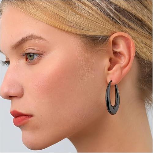 PABBEU Chunky Silver Hoops Earrings for Women Hypoallergenic | Lightweight 925 Sterling Silver Oval Hoop Earring, Sterling Silver Thick Hoop Earrings for Women Gift 25/28/30/38/40mm - color: black 40mm/ 1.57in