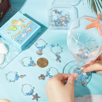 SUNNYCLUE 1 Box 14Pcs Drink Charms Bulk Wine Marker Charms Wine Glass Identifier Sea Summer Ocean Hawaii Glass Ball Charms Wine Identifiers for Gathering Wedding Gift Party Favor Drinks Decor Supplies - style: 14 Sets Silver Tone Summer Ocean Wine Charms