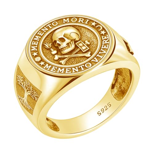 Memento Mori Ring 925 Sterling Silver Gothic Skull Signet Rings Tree of Life for Men Stoic Jewelry Memento Vivere Gifts - color: Gold
