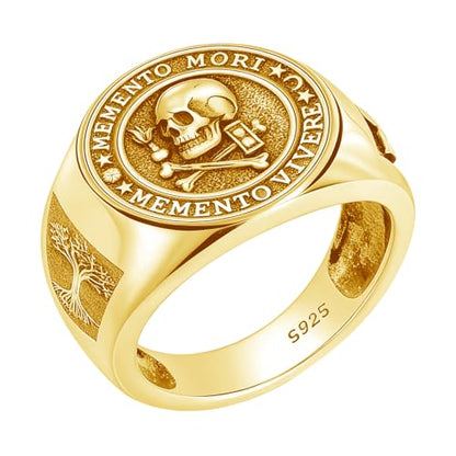 Memento Mori Ring 925 Sterling Silver Gothic Skull Signet Rings Tree of Life for Men Stoic Jewelry Memento Vivere Gifts - color: Gold