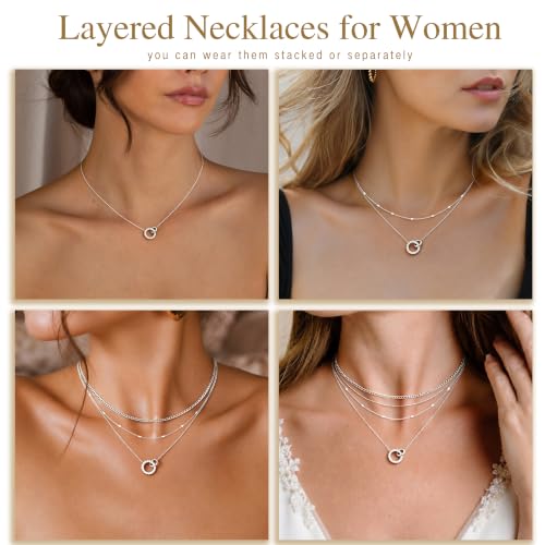 WomenGifts Layered Gold Necklaces for Women, 14K Gold Sterling Silver Plated Dainty Pendant Necklace Set Non Tarnish, Chunky Stackable Cuban Chain Choker, Trendy Birthstone Vacation Jewelry Gift - color: Silver, style: Double Circle