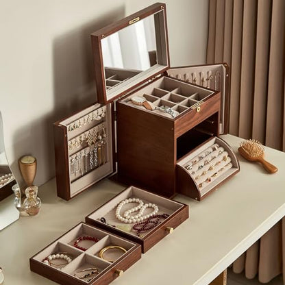 CHOSIN Black Walnut Wooden Jewelry Box for Women with Lock, Mirror, 4 Layer | Locking wity Key, 2 Drawers, Rotating Ring Holder, 2 Side Doors, Large Capacity for Necklaces, Earrings, Rings, Women Gifts - size: 4 Layer - Top & Side Lock