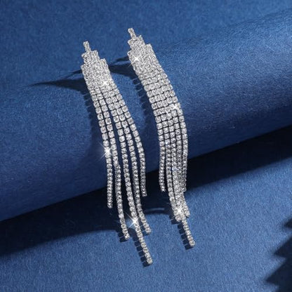 Silver Shiny Rhinestone Long Tassel Dangle Earrings for Women Trendy, Unique Bling Zirconia Drop Earring Dainty Prom Party Jewelry Accessories Gift - color: Silver