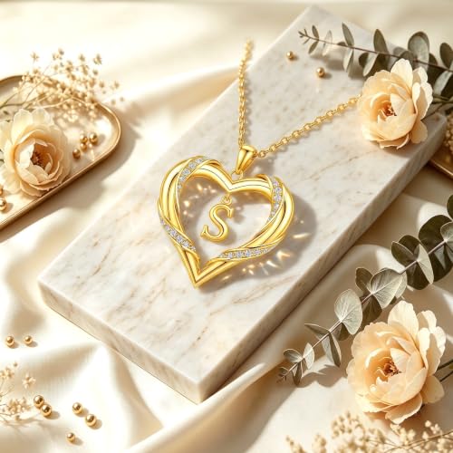 Midari 18K Gold Initial Letter Necklace for Women 18K Gold Initial Heart Capital Monogram Necklace for Mom Wife Alphabets from A-Z - color: S