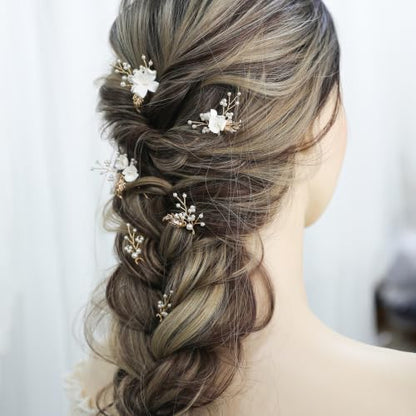 Handmade Pearl Bridal Hair Pins Wedding Hair Accessories for Women Brides Bridesmaid - color: Gold/Pearl White Flower