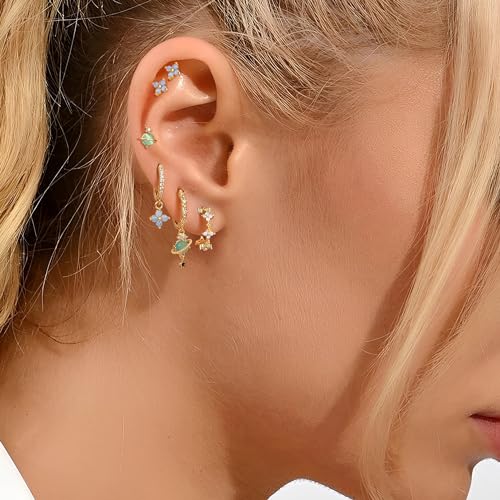Sterling Silver Earrings Stacks for Women, Hypoallergenic Cartilage Earring | Dainty Stud Huggie Hoop Dangle Chain Earrings, 14K Gold/White Gold Plated - color: 6Pcs Gold Flower(Single Earring Not a Pair)
