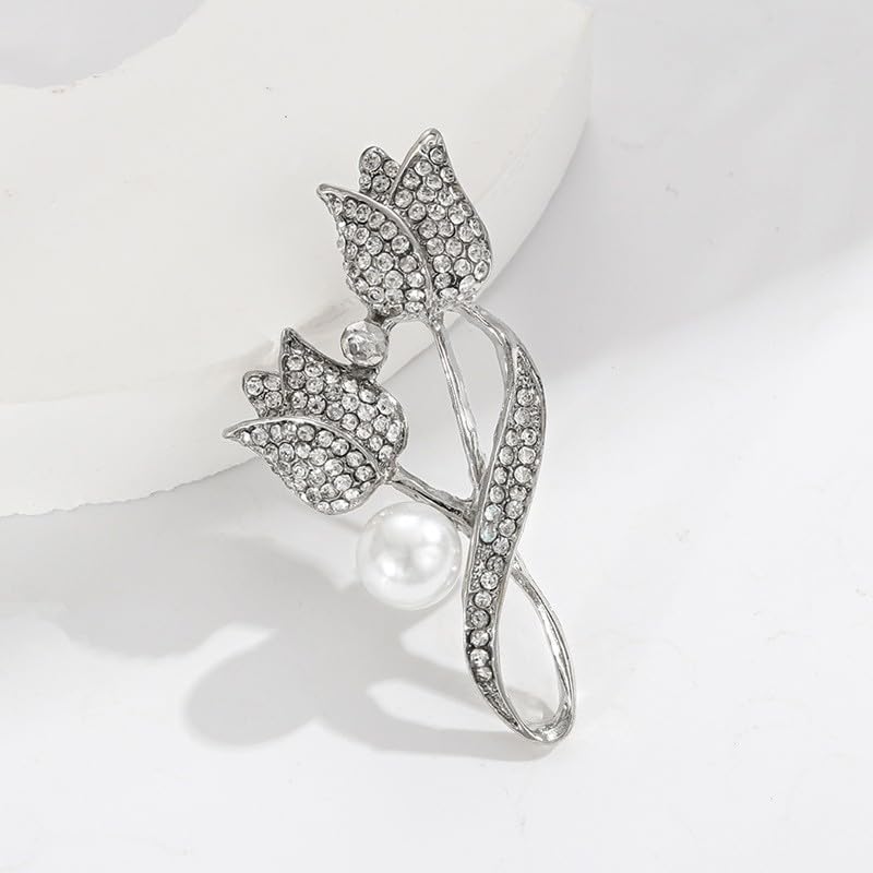 coadipress Tulip Floral Brooch Pin for Women Dainty Gold Plated Rhinestone Pearl Tulip Flower Green Leaf Broochs Pins Trendy Wedding Party Jewelry Accessories - style: Silver