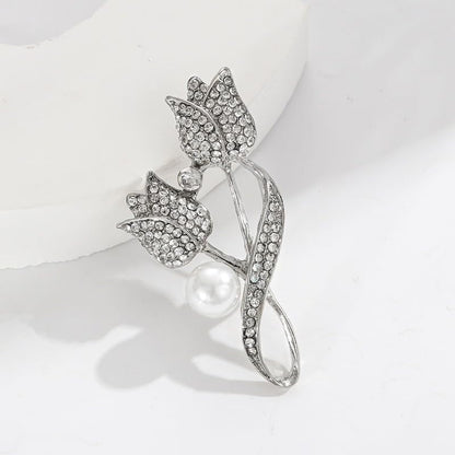 coadipress Tulip Floral Brooch Pin for Women Dainty Gold Plated Rhinestone Pearl Tulip Flower Green Leaf Broochs Pins Trendy Wedding Party Jewelry Accessories - style: Silver