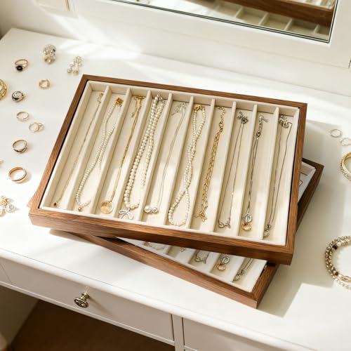 2 Pcs Large Velvet Jewelry Trays for Drawers Stackable Jewelry Drawer Organizer Inserts for Vendors Jewelry Display for Rings Necklace Bracelets Earrings and Studs Earrings (Beige, 2 Pcs 10 Grids)