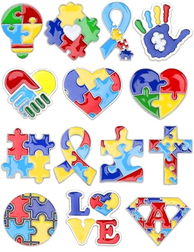 JUNEBRUSHS 28pcs Autism Awareness Brooch Pins Colorful Puzzle Pieces Inspirational Lapel Pins for Adults Autism Awareness Party Gift Supplies Clothes Decor Accessories - style: Autism Style