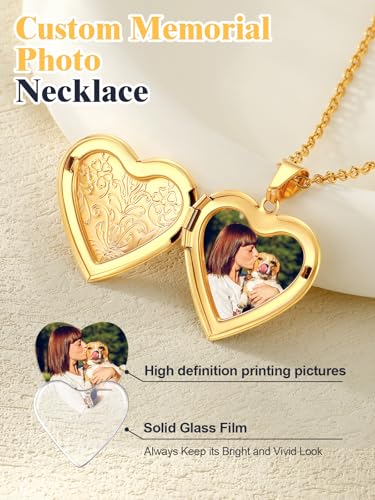 U7 Women Locket Necklace, Heart Photo Lockets Hold Picture, Gift Box Packed | Gold/Silver/Rose Locket Charm, Custom Picture and Engravement Heart Pendant, 20" Chain, Personalized Gift for Mom Wife Friend - color: 02# Gold*Flower Grain