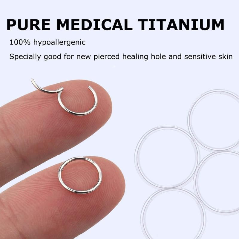 2Pcs Titanium Nose Rings 20G 18G 16G 14G Nose Rings Hoops Diameter 5mm to 12mm Silver-Gold-Rose Gold-Black Cartilage Helix Tragus Daith Rook Hoop Earrings Hinged Segment Septum Clicker Body Piercing Jewelry - color: Silver