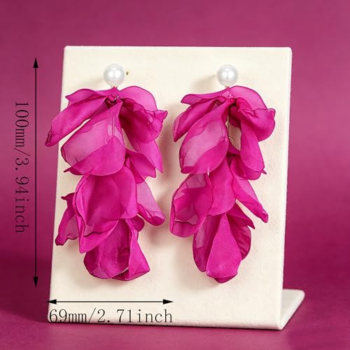 Handmade Bohemian Lightweight Fabric Flower Dangle Drop Earrings Chic Pearl Large Tassel Petal Stud Earrings For Women - color: Rose Red