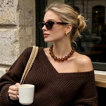 Chunky Beaded Necklace for Women Trendy Boho Collar Statement Necklace Large Round Resin Beads Choker Necklaces Summer Beach Jewelry Gifts - color: Amber