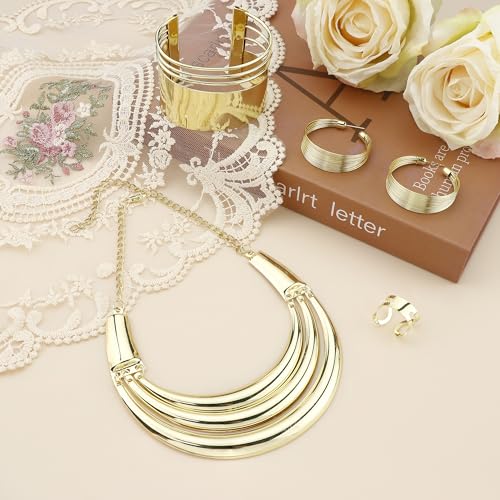 JOERICA Bib Choker Necklace Silver Gold Jewelry Set Wide Cuff Bangle Bracelet Open Hoop Earrings Adjustable Ring Chunky Silver Gold Statement Costume Jewelry Set for Women - color: Gold Tone