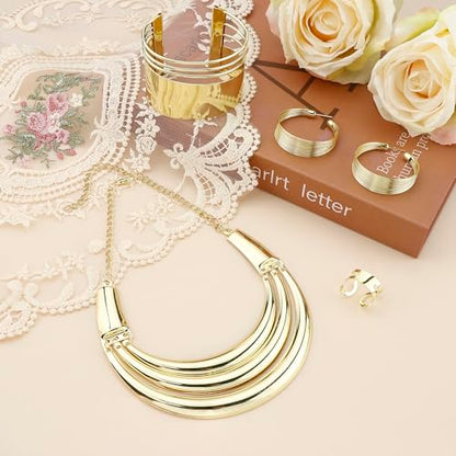 JOERICA Bib Choker Necklace Silver Gold Jewelry Set Wide Cuff Bangle Bracelet Open Hoop Earrings Adjustable Ring Chunky Silver Gold Statement Costume Jewelry Set for Women - color: Gold Tone