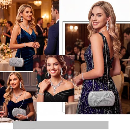 Quelay 4 Pcs Purse Rhinestone Jewelry Set Women | Wedding Bridal Prom Jewelry Sparkly Clutch Handbag with Necklace Bracelet Dangle Earrings Shiny Costume Kit - color: Silver, style: Twisted Pleated