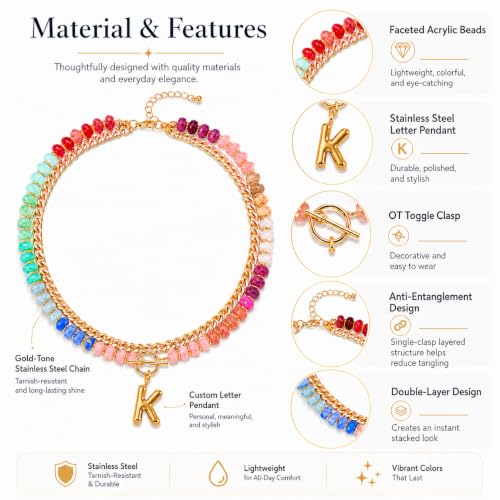 Colorful Beaded Bubble Letter Necklace For Women, Boho Double Layer Dopamine Rainbow Resin Beads Thick Cuban Chain Chunky With Initials Pendant Necklaces Summer Beach Jewelry Gift ﻿ - color: Dop N