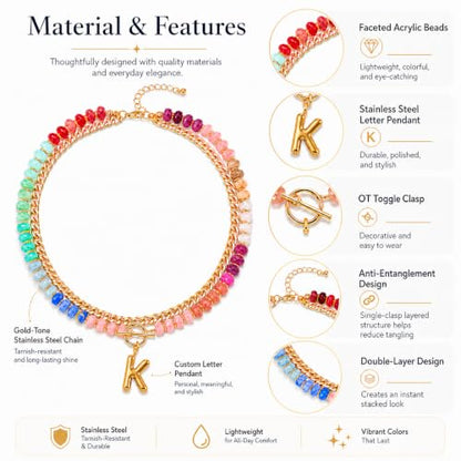 Colorful Beaded Bubble Letter Necklace For Women, Boho Double Layer Dopamine Rainbow Resin Beads Thick Cuban Chain Chunky With Initials Pendant Necklaces Summer Beach Jewelry Gift ﻿ - color: Dop N