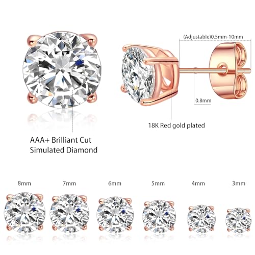 Gemsme 5 Pairs Princess Cut Cubic Zirconia Stud Earrings for Women/Men - 18K Gold Plated Hypoallergenic 3-7mm Square Clear CZ Earring Set - color: Rose Gold-Round 4 Prong
