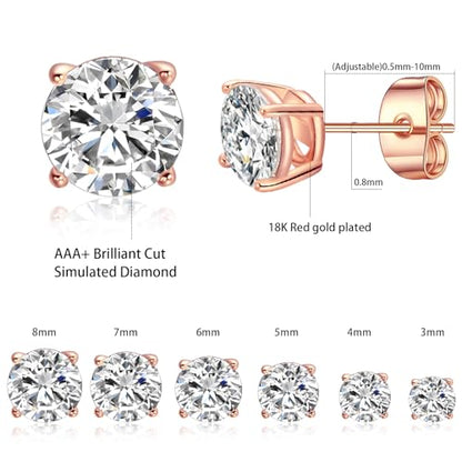 Gemsme 5 Pairs Princess Cut Cubic Zirconia Stud Earrings for Women/Men - 18K Gold Plated Hypoallergenic 3-7mm Square Clear CZ Earring Set - color: Rose Gold-Round 4 Prong