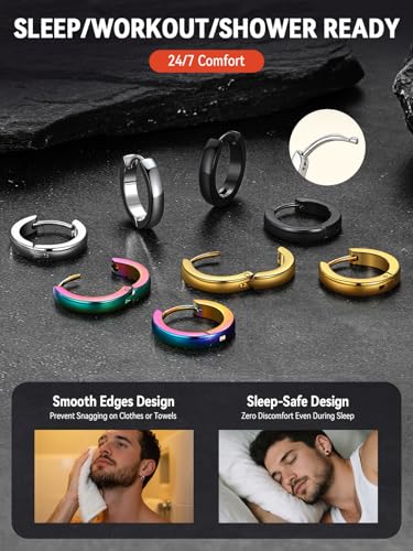 FaithHeart Stainless Steel Black/Silver/Gold Huggie Hoop Earrings for Men | Hypoallergenic Small Hoop Earrings Lightweight Sleeper Earrings Waterproof Cartilage Piercing Jewelry Gift 8-16mm - color: Black-Flat, size: Diameter 9mm