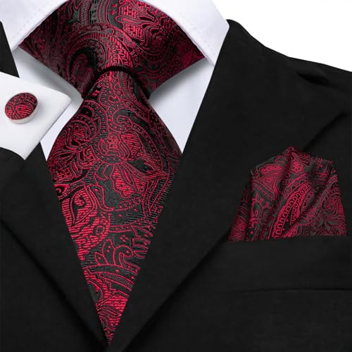 Hi-Tie Men 63inches Tie Set Extra Long Necktie Paisley Tie Pocket Suqare Cufflinks Big and Tall Men Tie - color: Black Red Dark