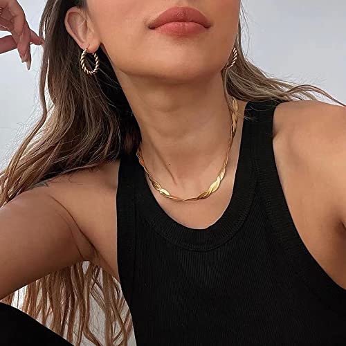 Tewiky Layered Necklaces for Women 14k Gold Plated Chain Necklace Set | Chunky Herringbone/Snake/Rope/Box/Cuban Link Chain for Women, Layering Stack Choker Necklace, Dainty Jewelry Set Non Tarnish - color: Twisted Herringbone 2x3mm 16.5inch Gold