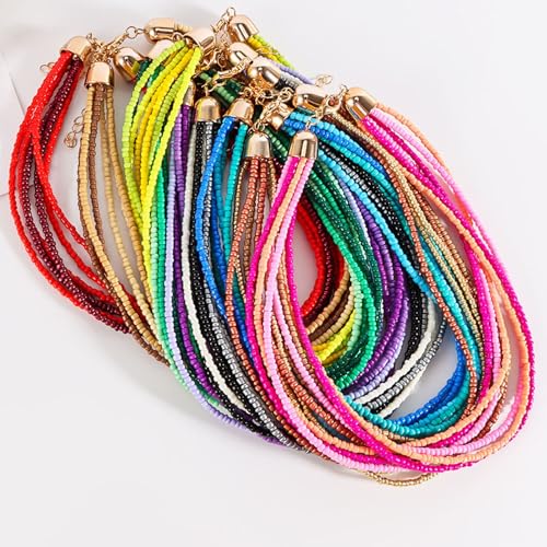 Handmade Colorful Multi-layered Multi Strand Seed Beaded Stackable Bohemian Braided Choker Necklaces for Women Summer Hawaiian Beach Holiday Boho Statement Jewelry - color: red