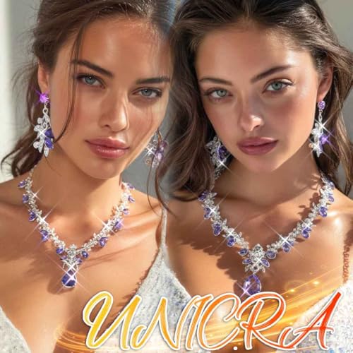 Rhinestone Bridal Wedding Jewelry Sets Gold Necklace Earrings Set Leaf Prom Formal Costume Jewelry Set for Women and Brides - color: Purple