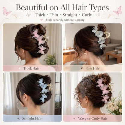 Bphne 4 Pack Pearl Butterfly Hair Clips for Women and Girls – Fabric Butterfly with Pearl Bow Decor, 6.19 Inch Large Elegant Hair Accessories, Faux Pearls Butterfly Hair Clip for Daily Styling