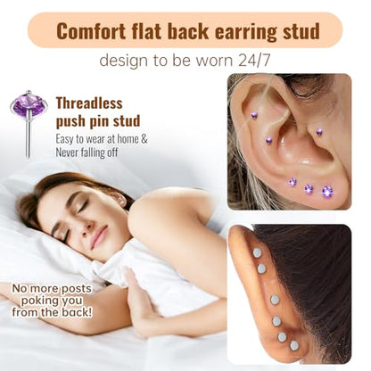 20G Flat Back Earrings Studs 18G Nose Rings 24K Gold Plating 3 Pairs Titanium Threadless 16G Cartilage Earrings for Women Men Tragus Conch Helix Medusa Lip Piercing Jewelry - color: polish purple cz, size: 18G