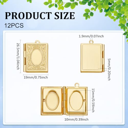 UNICRAFTALE about 12Pcs Rectangle Book Photo Frame Pendant Charms Gold Photo Locket Charms with Loop Metal Memory Photo Pendants for Jewelry Making Necklace Bracelet DIY Crafts