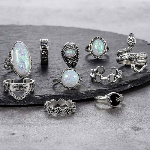 17IF Vintage Silver Knuckle Rings Set for Women Men, Chunky Boho Rings | Aesthetic Snake Grunge Stackable Gothic Ring Adjustable Y2K Punk Bulky Finger Alt of Rings, Stacking Flower Midi Ring Pack - style: 42