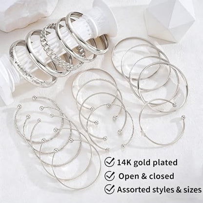 ÌF ME Gold Bangle Bracelets for Women, 19Pcs Multi Stackable Textured Bangles Set, 14K Gold Plated Chunky Bracelet Boho Jewelry Gifts - color: Silver