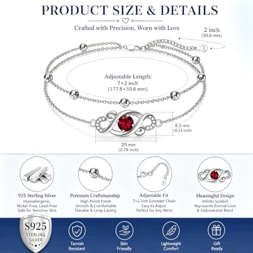 Dorunmo Birthstone Infinity Love Bracelet for Women 925 Sterling Silver Sparkling Gemstone Double Layered Adjustable Bracelets Birthday Jewelry Gifts for Mom Women - color: 07-Jul-Ruby
