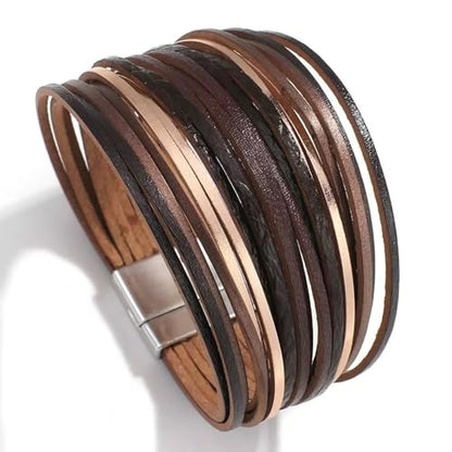 Fesciory Leather Wrap Bracelets for Women, Boho Western Layered Jewelry | Layered leather cuff bracelets, Easy on and off, Boho western style, Daily wear, Gift for women - color: Black 8