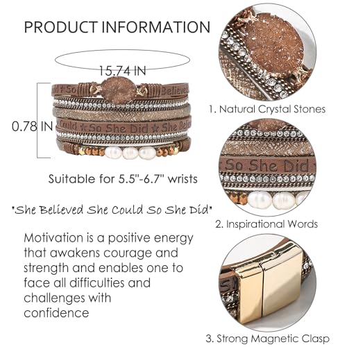 Artilady Leather Wrap Bracelet for Women, Pearl Beaded Bangle Stack Jewelry | Easy on-off, Elegant Handmade Multi-Layered, Daily Casual Date Beach Vacation, Gift for Ladies, Mother, Sister & Friend - style: So She Did, Brown