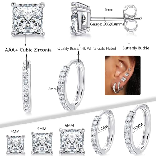 White Gold Earrings for Women Men Hoop and Stud Earring Set | Hypoallergenic 14K White Gold Plated Hoops Huggie Stud Earrings Set Round Cubic Zirconia Ear Jewelry - style: A2-White Gold-Hoop&Square Stud (5 Pairs)