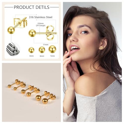 Screw on Earring Backs for Women,Hypoallergenic Surgical Steel Stud Earrings Ball Star Circle Simple Geometric Cartilage Helix Flat Back Piercing Earrings - color: 3Pairs,Gold,Ball(3-5mm)