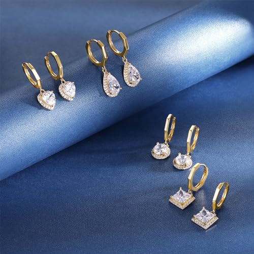 2-4 Pairs Dangle Drop Earrings for Women, 18K Gold Plated Cubic Zirconia Drop Dangle Huggie Hoop Earrings CZ Teardrop Hypoallergenic Jewelry - color: Yellow