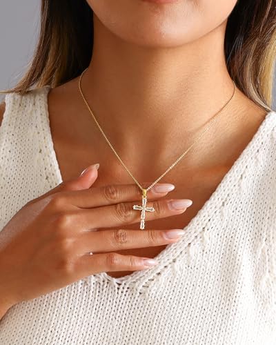 Cross Necklace for Women, 14K Gold Plated Cubic Zirconia Cross Pendant Necklace, Trendy Christian Jewelry Gifts for Baptism First Communion Christmas - color: Style A - Gold