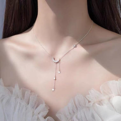 Silver Moon and Star Pendant Necklace for Women, Dainty Layered Y Chain Necklace, Elegant Celestial Jewelry Gift