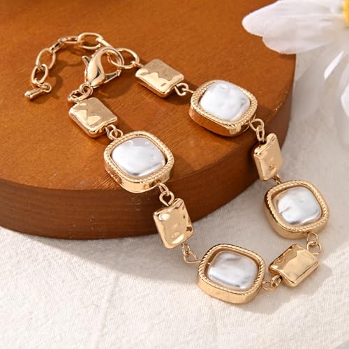 14K Gold & Silver Plated Lightweight Link Bracelet for Women | Stackable Bracelets ,14K Gold Plated Bracelets with CZ,Lightweight Trendy Chain Bracelet Jewelry Gift - style: square&pearl